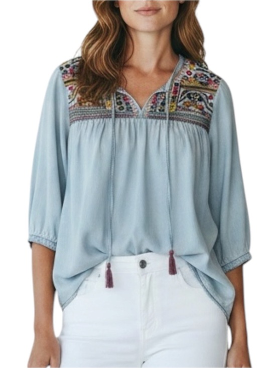 intro. Tops - INTRO. Embroidered Tassel Tie Tunic in Light Wash Blue Size XL -- Flaw shown